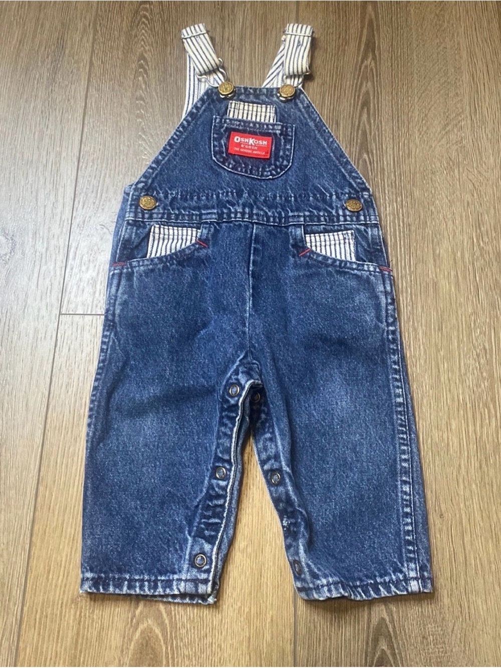 Vintage 90s OshKosh B'Gosh Denim Railroad Stripe Overalls 12M Baby USA